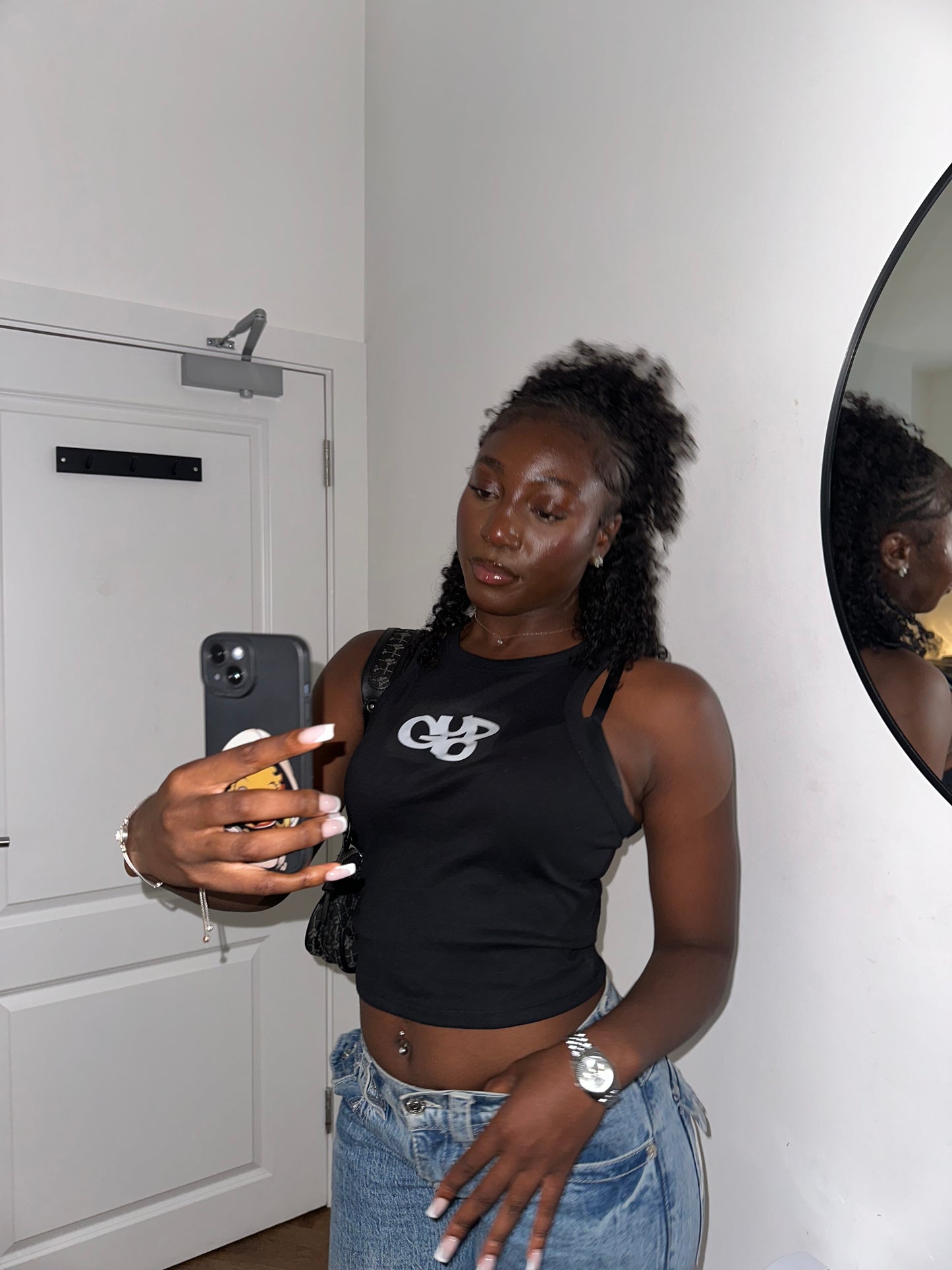 Ladies Micro Rib Racer Tank Top Solid Black Blend